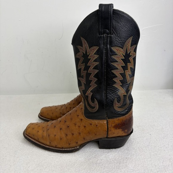 Justin Mens Full Quill Ostrich Western Cowboy Boots Black Brown Square Toe 10.5B - Picture 3 of 13